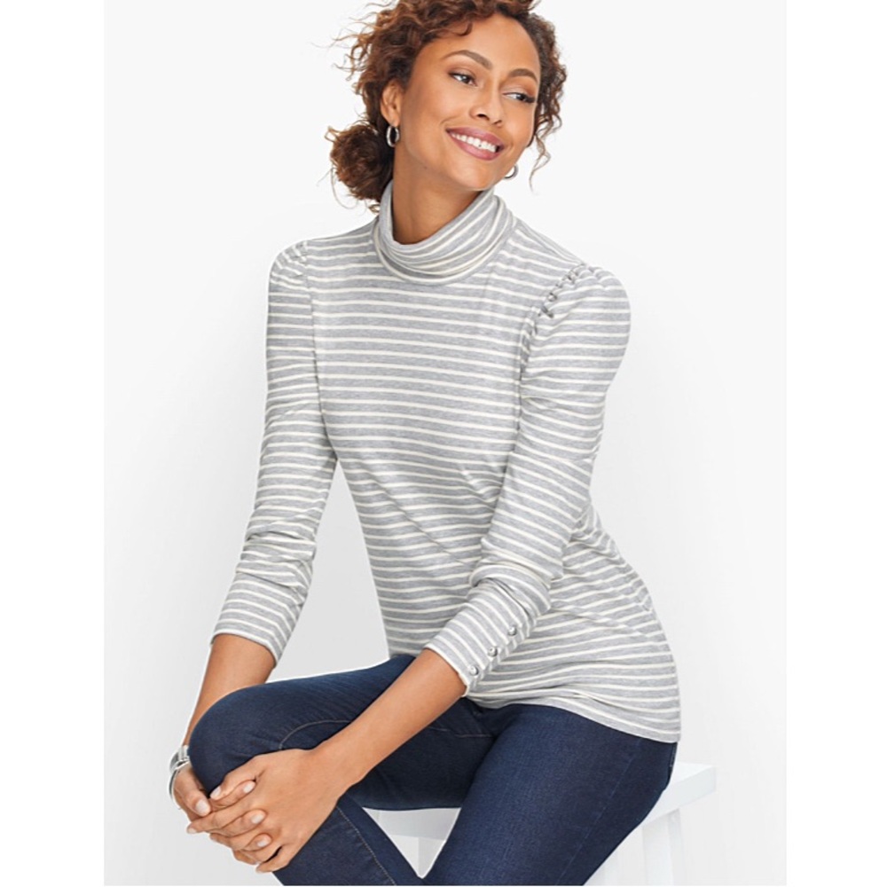 Talbots Ribbed Gray/White Stripe Turtleneck Top